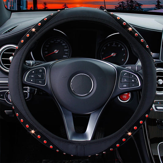 classic 15" Car Steering Wheel Cover Leather Bling Rhinestones Protector Accessories